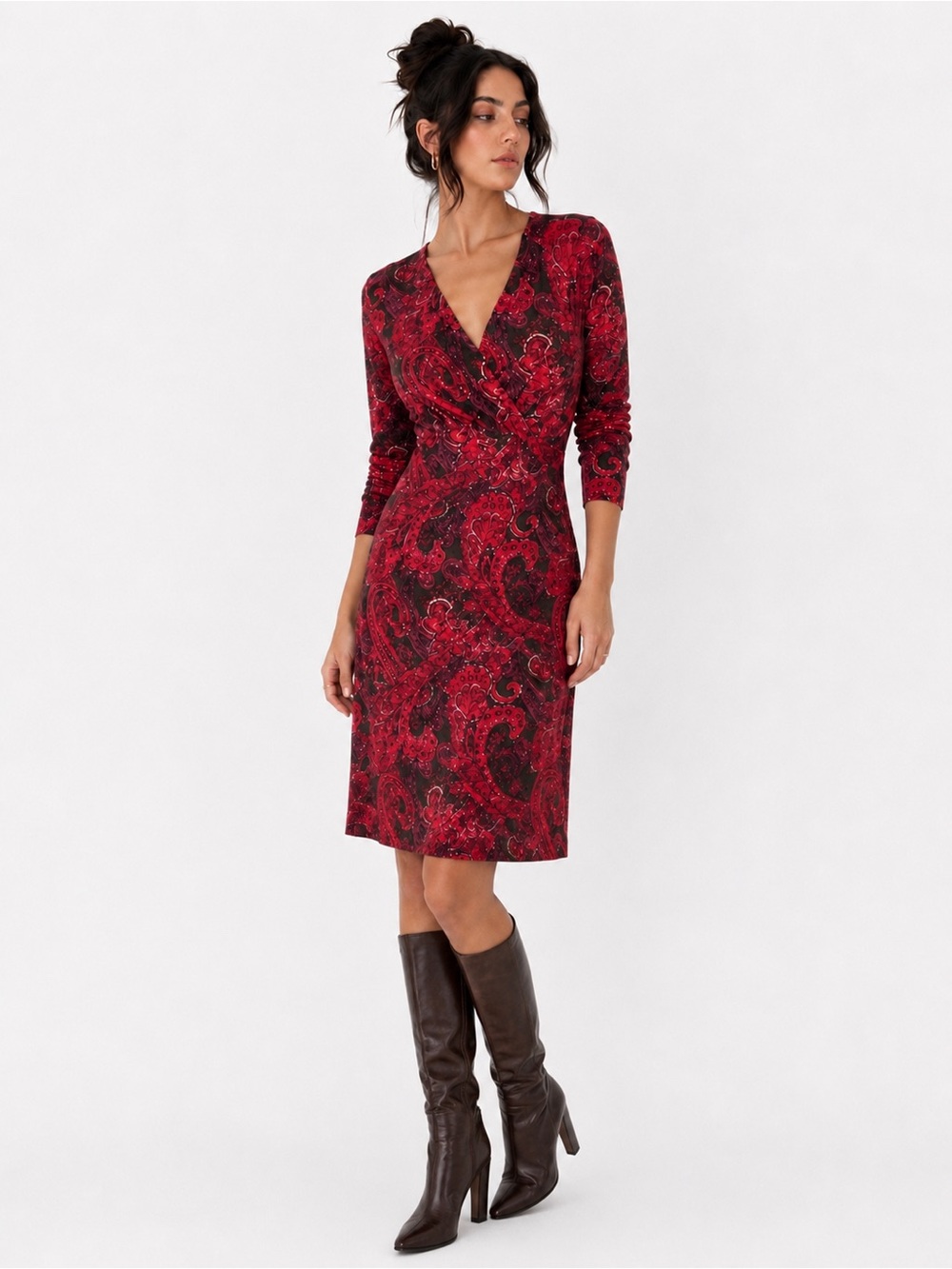 J. Jill Red Paisley Print Faux Wrap V-Neck L/S Midi Dress Size Small